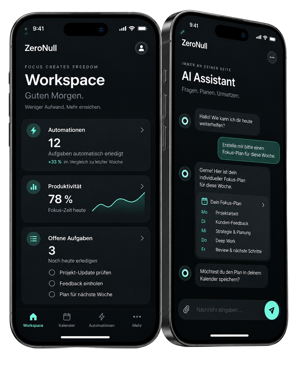 Zwei iPhones mit ZeroNull-App-Konzeptansichten